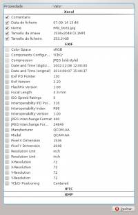 Se amosa unha lista de opcións pra amosar os metadatos dunha imaxe en gwenview.